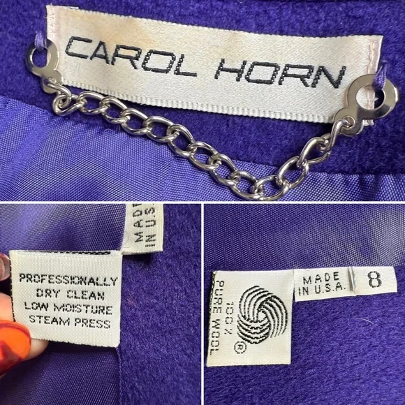 Vintage Carol Horn 100% Wool Long Coat Purple Shawl Collar Double Breasted USA 8 - Picture 8 of 13